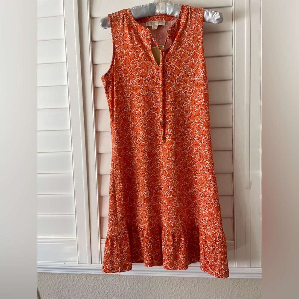 NWT Michael Michael Kors orange floral sleeveless/flare midi dress size XS.